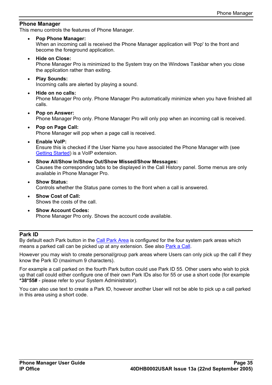 Phone manager, Park id | Avaya 40DHB0002USAR User Manual | Page 35 / 96
