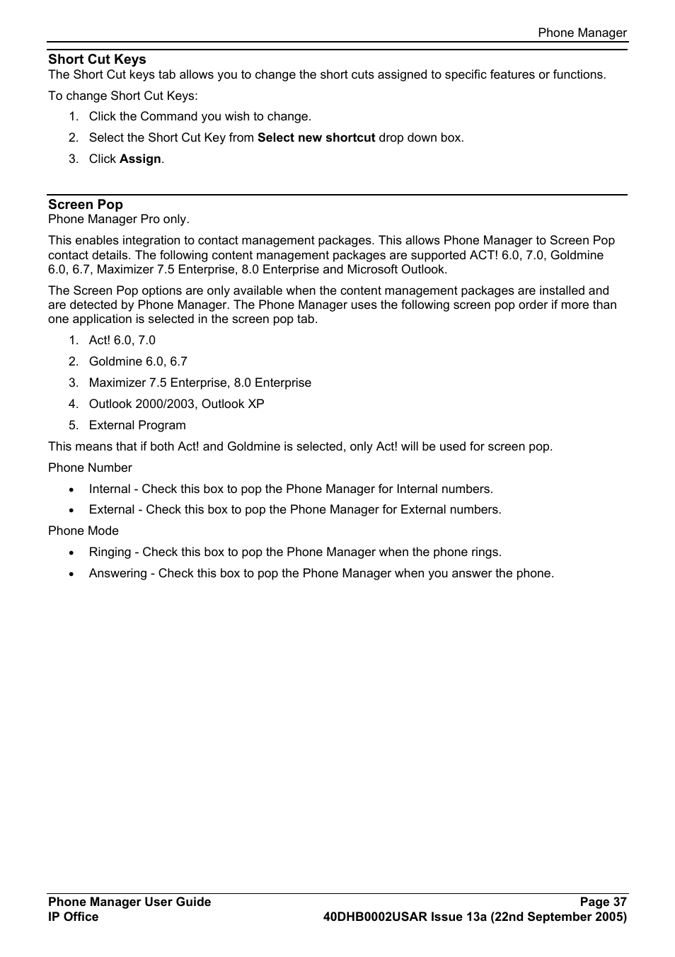 Short cut keys, Screen pop | Avaya 40DHB0002USAR User Manual | Page 37 / 96