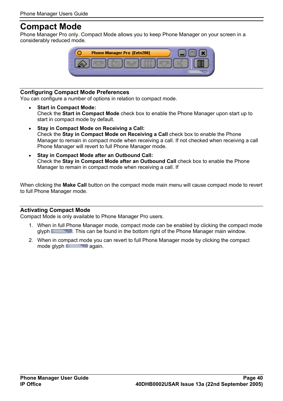 Compact mode, Configuring compact mode preferences, Activating compact mode | Avaya 40DHB0002USAR User Manual | Page 40 / 96