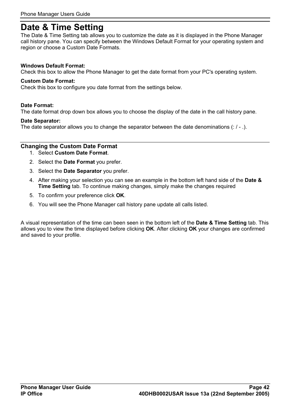 Date & time setting, Changing the custom date format | Avaya 40DHB0002USAR User Manual | Page 42 / 96