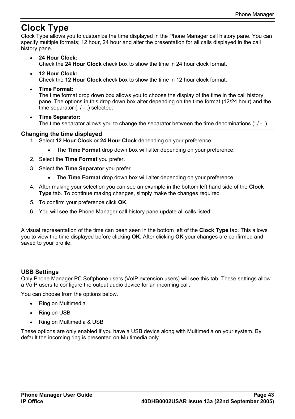 Clock type, Changing the time displayed, Usb settings | Avaya 40DHB0002USAR User Manual | Page 43 / 96