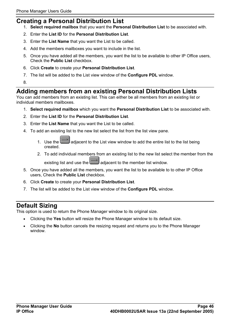 Creating a personal distribution list, Default sizing | Avaya 40DHB0002USAR User Manual | Page 46 / 96