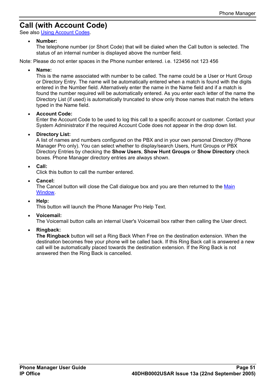 Call (with account code) | Avaya 40DHB0002USAR User Manual | Page 51 / 96