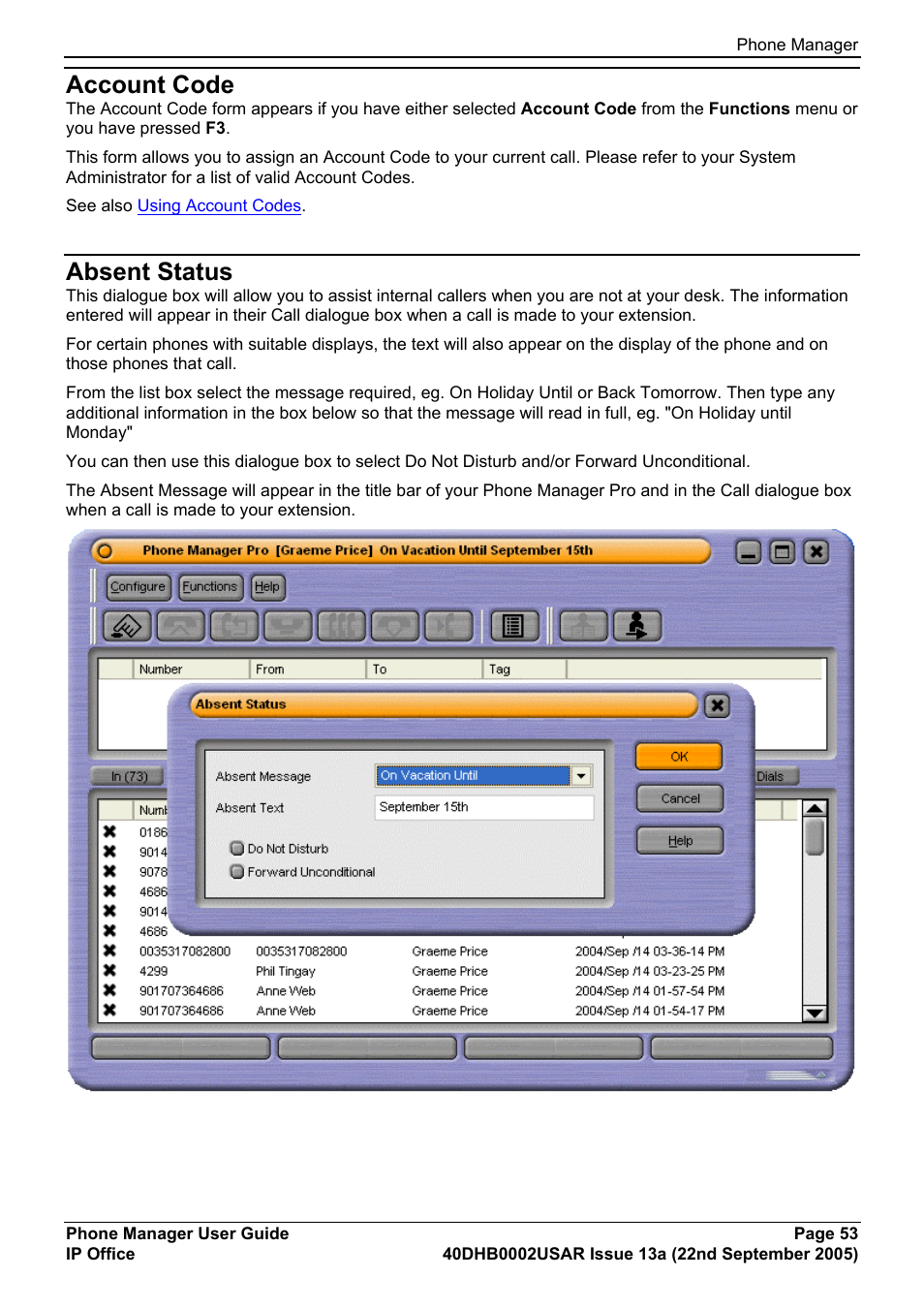 Account code, Absent status | Avaya 40DHB0002USAR User Manual | Page 53 / 96
