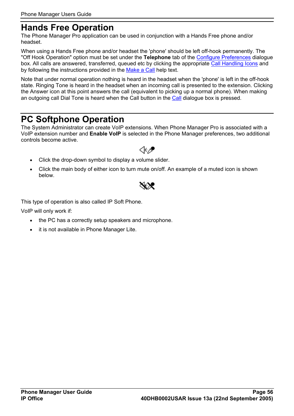 Hands free operation, Pc softphone operation | Avaya 40DHB0002USAR User Manual | Page 56 / 96