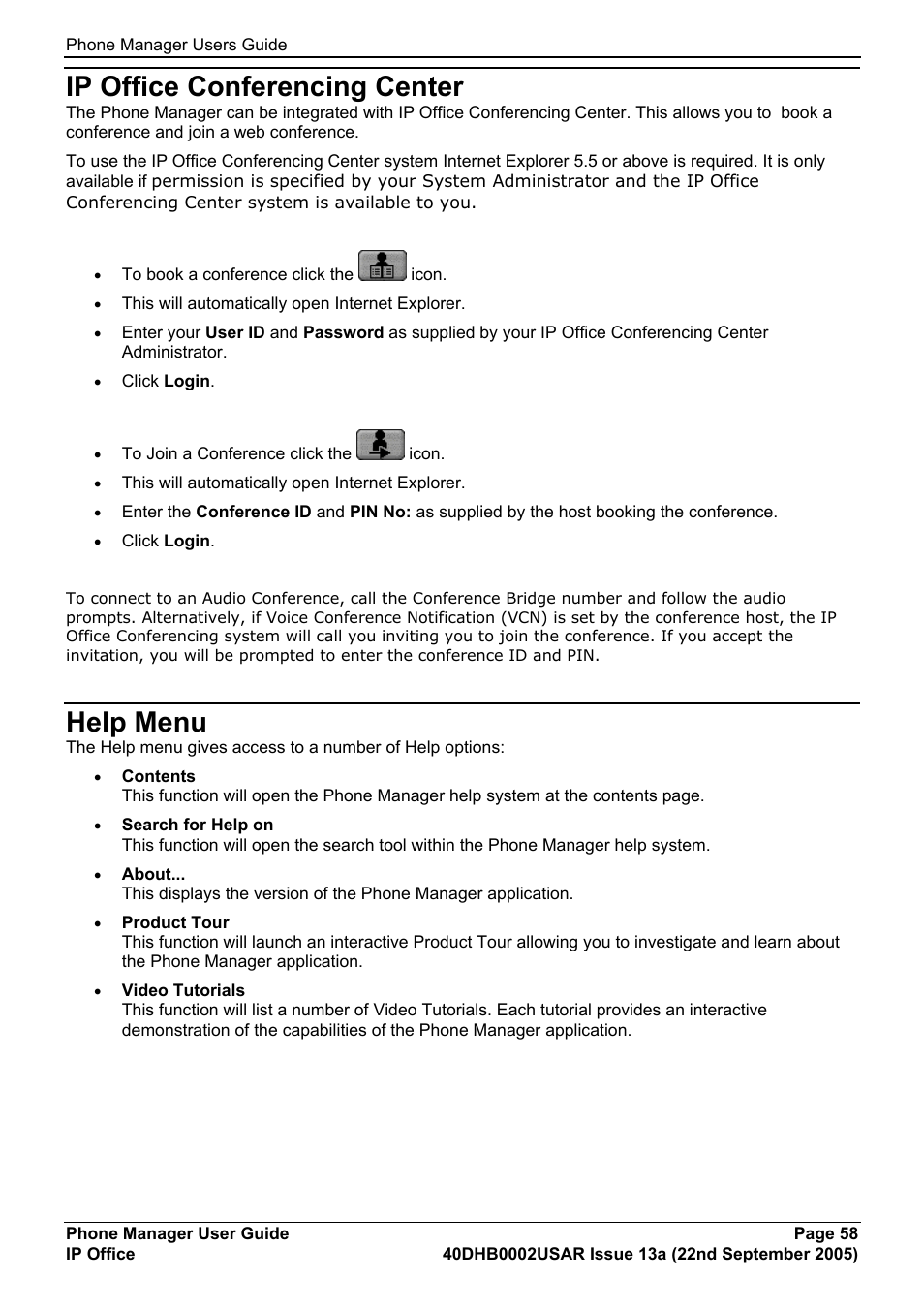 Ip office conferencing center, Help menu, Phone manager | Avaya 40DHB0002USAR User Manual | Page 58 / 96