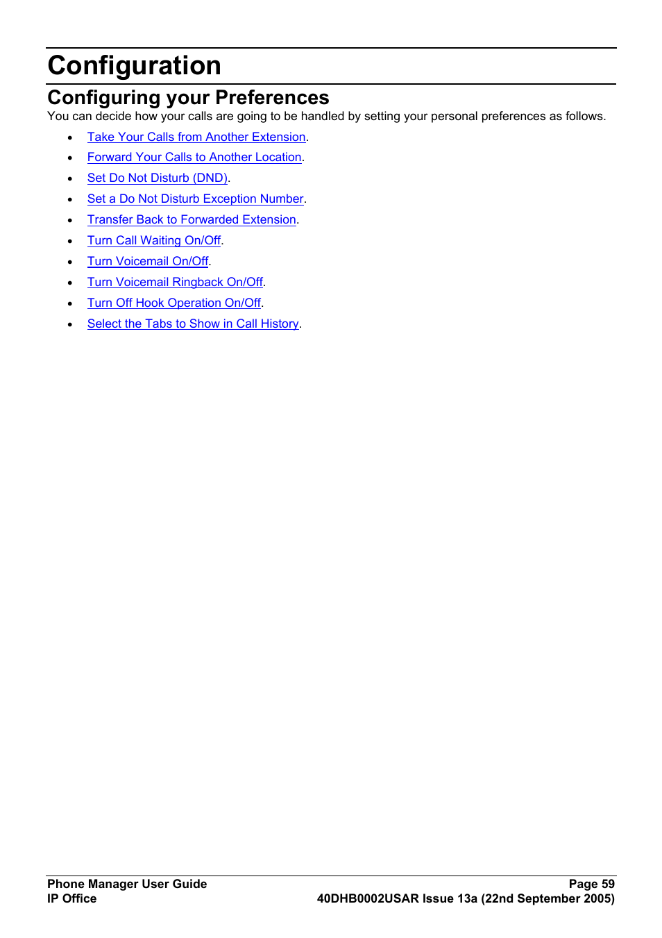 Configuration, Configuring your preferences | Avaya 40DHB0002USAR User Manual | Page 59 / 96