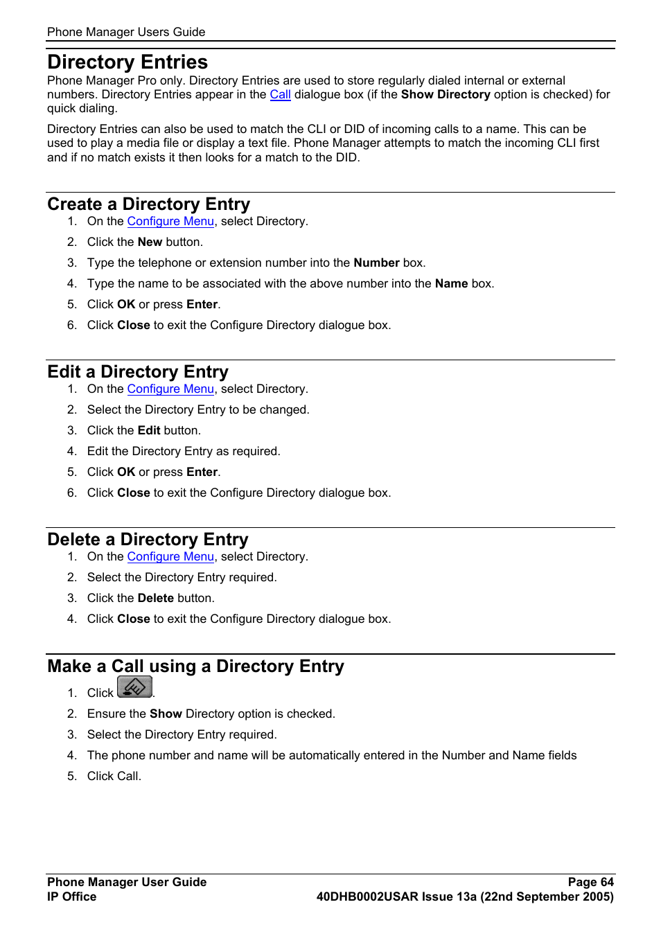 Directory entries, Create a directory entry, Edit a directory entry | Delete a directory entry, Make a call using a directory entry | Avaya 40DHB0002USAR User Manual | Page 64 / 96