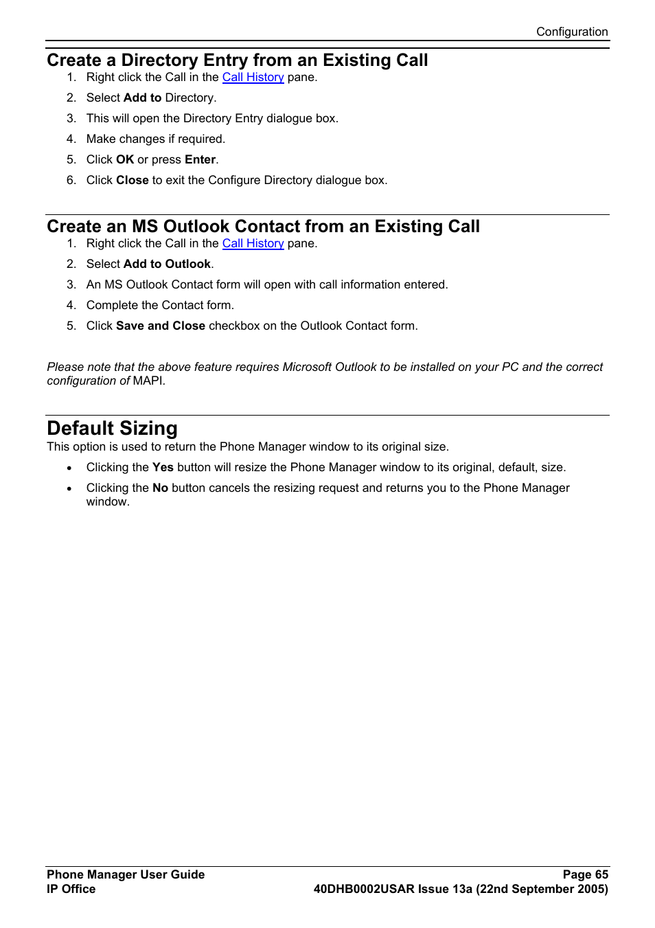 Create a directory entry from an existing call, Create an ms outlook contact from an existing call, Default sizing | Configuration | Avaya 40DHB0002USAR User Manual | Page 65 / 96