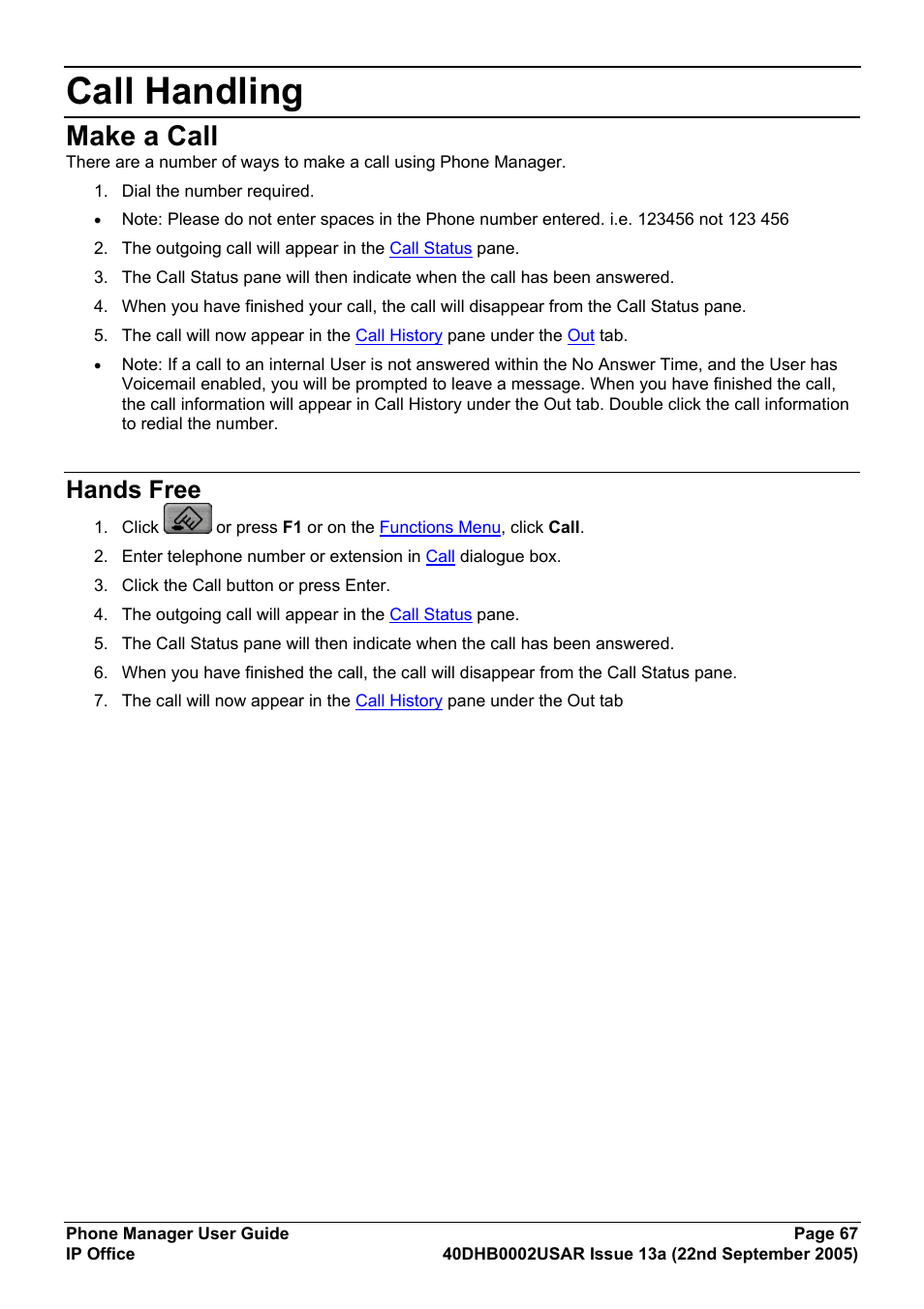 Call handling, Make a call, Hands free | Avaya 40DHB0002USAR User Manual | Page 67 / 96