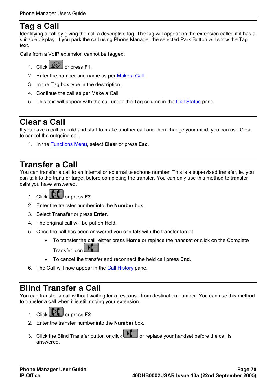 Tag a call, Clear a call, Transfer a call | Blind transfer a call | Avaya 40DHB0002USAR User Manual | Page 70 / 96