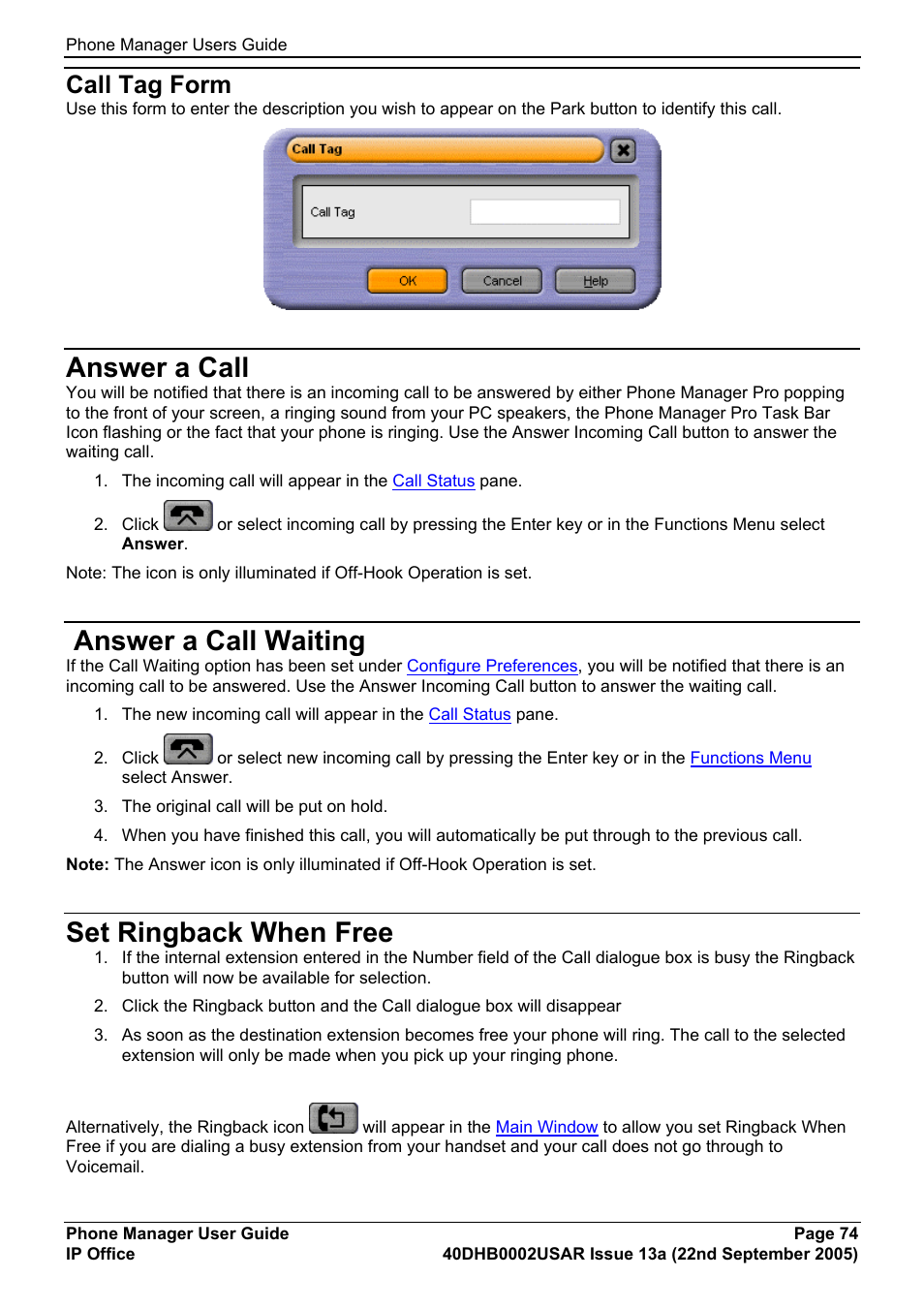 Answer a call, Answer a call waiting, Set ringback when free | Call tag form | Avaya 40DHB0002USAR User Manual | Page 74 / 96