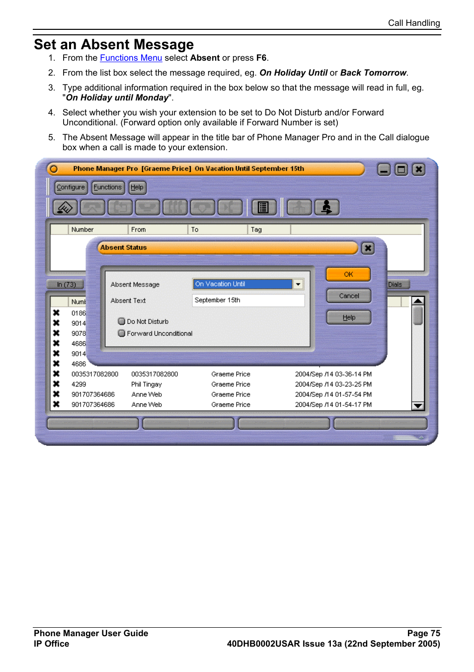 Set an absent message | Avaya 40DHB0002USAR User Manual | Page 75 / 96