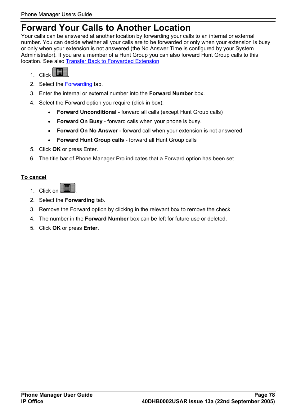 Forward your calls to another location | Avaya 40DHB0002USAR User Manual | Page 78 / 96