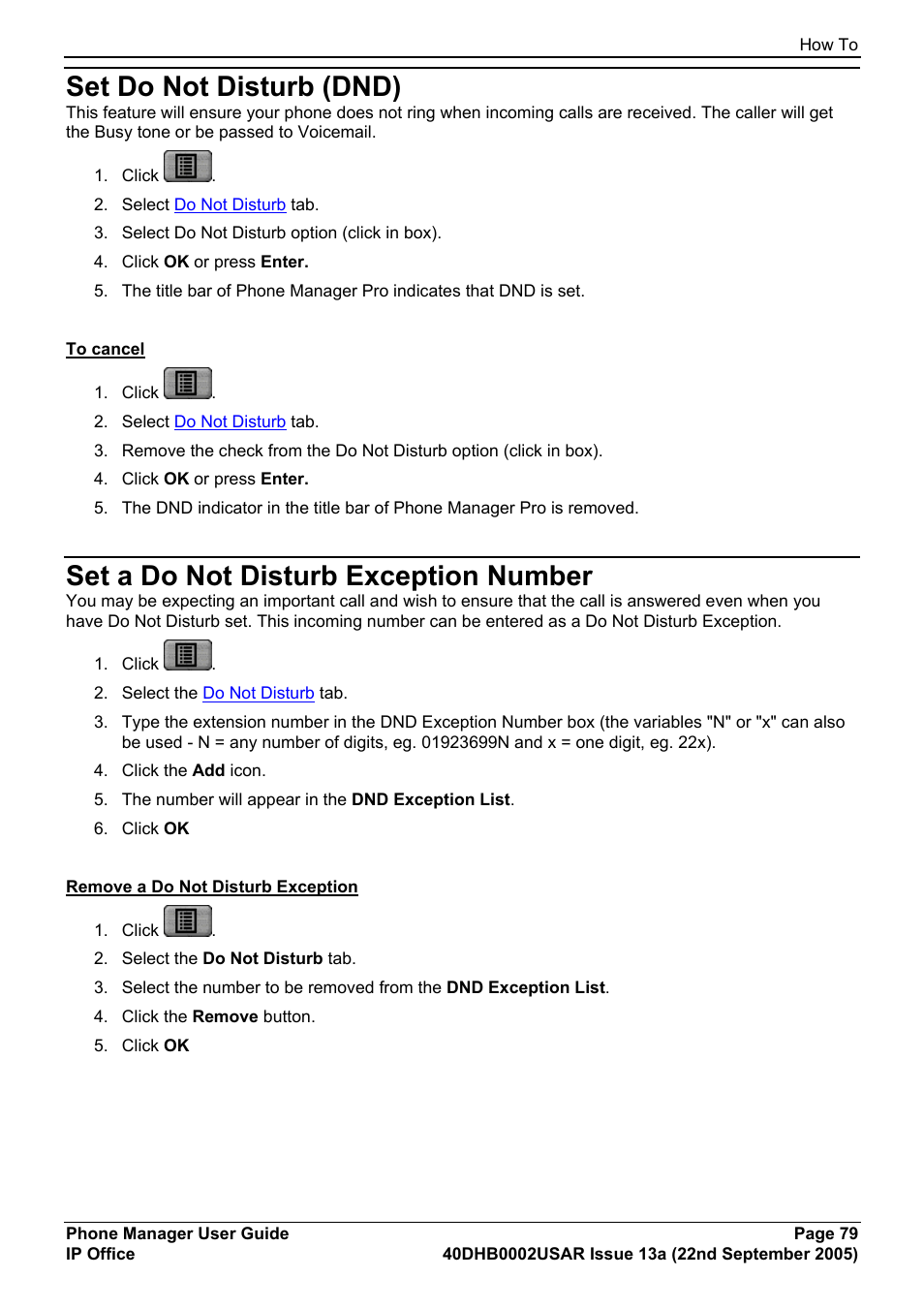 Set do not disturb (dnd), Set a do not disturb exception number | Avaya 40DHB0002USAR User Manual | Page 79 / 96