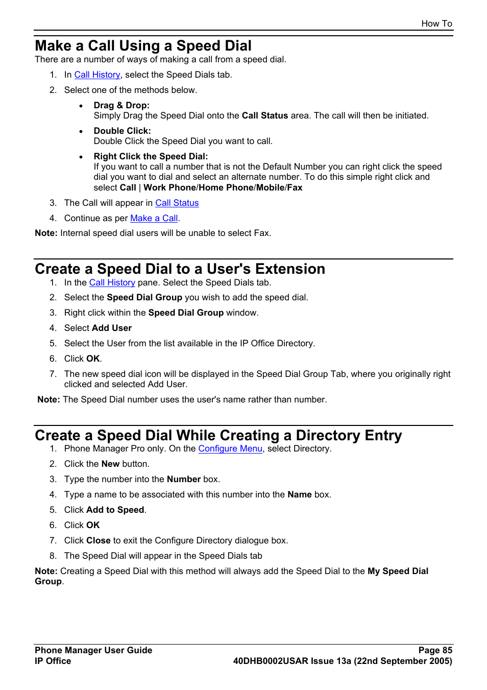 Make a call using a speed dial, Create a speed dial to a user's extension | Avaya 40DHB0002USAR User Manual | Page 85 / 96