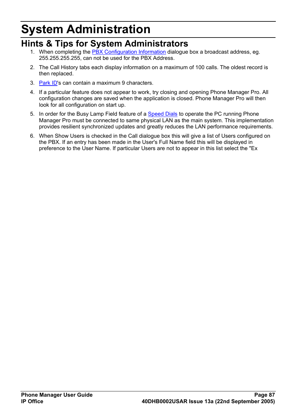 System administration, Hints & tips for system administrators | Avaya 40DHB0002USAR User Manual | Page 87 / 96