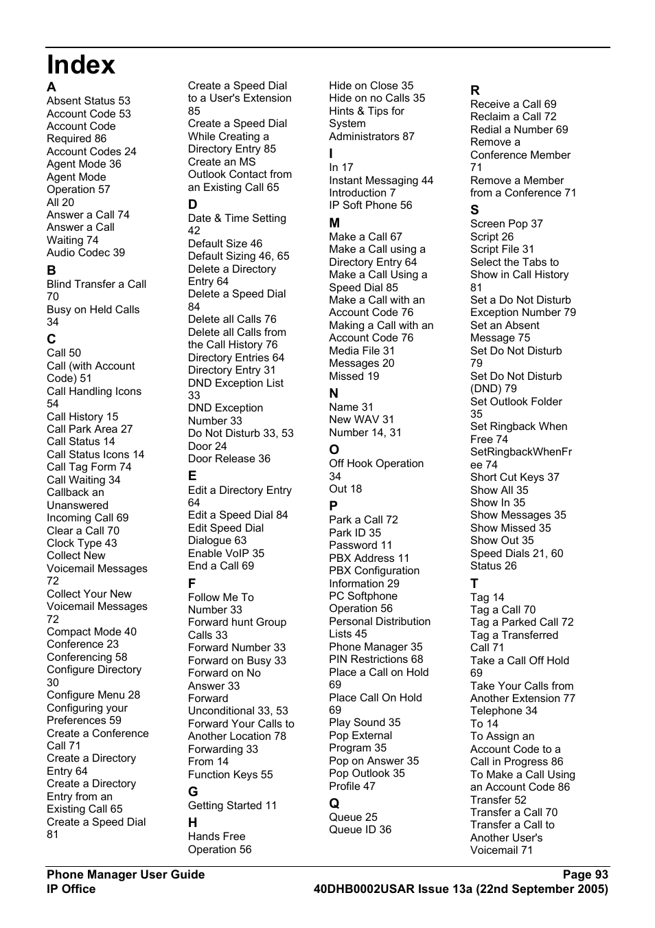 Index | Avaya 40DHB0002USAR User Manual | Page 93 / 96