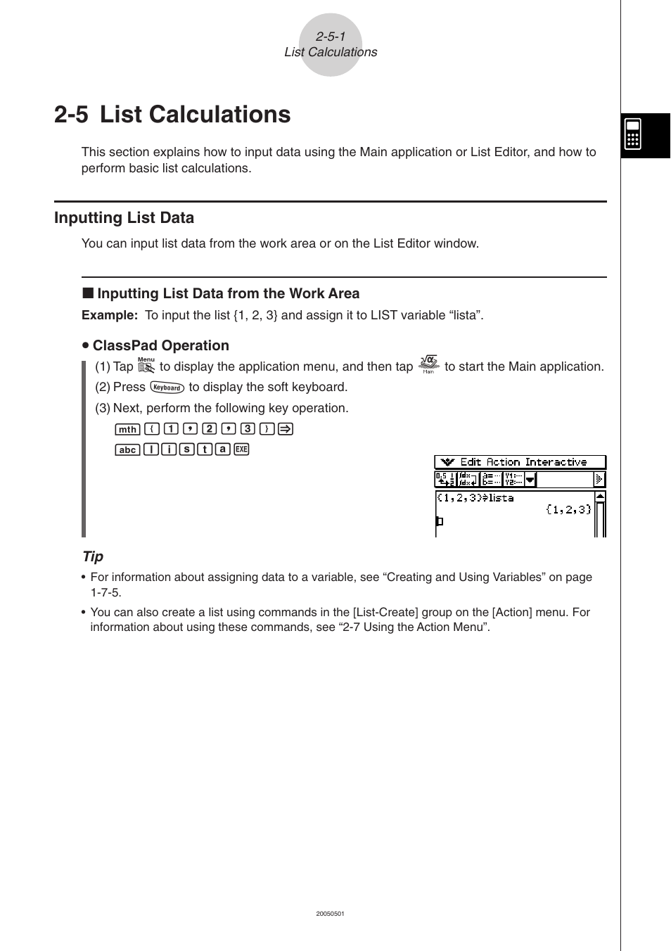 5 list calculations, 5 list calculations -5-1, Inputting list data -5-1 | List calculations | Casio ClassPad 300 PLUS User Manual | Page 121 / 753