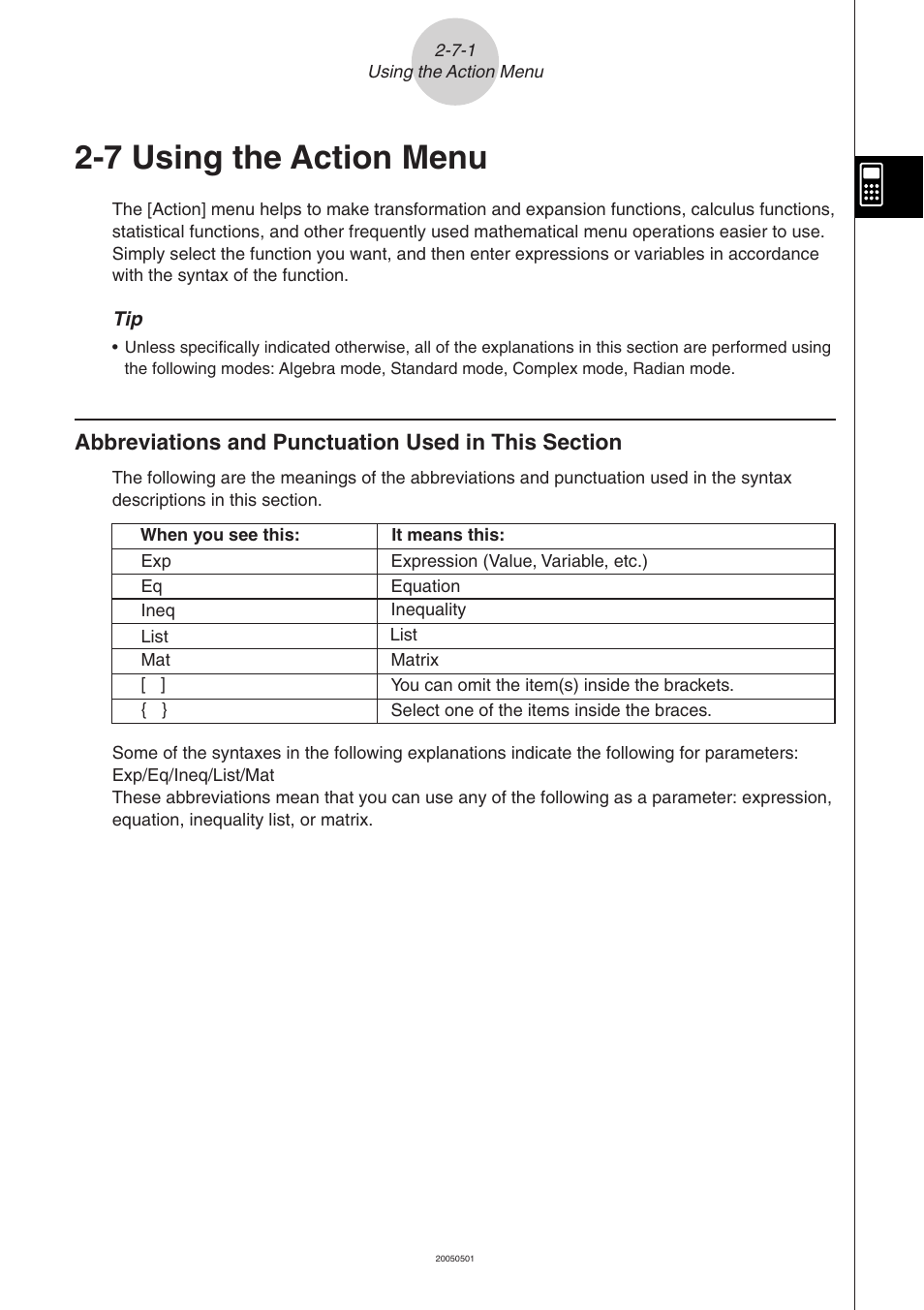 7 using the action menu, 7 using the action menu -7-1, Using the action menu | Casio ClassPad 300 PLUS User Manual | Page 130 / 753