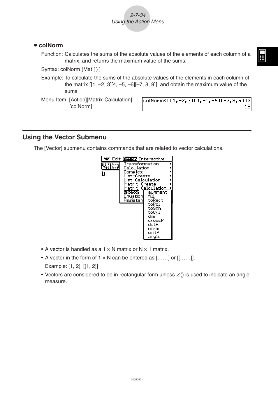 Using the vector submenu -7-34, Using the vector submenu | Casio ClassPad 300 PLUS User Manual | Page 163 / 753