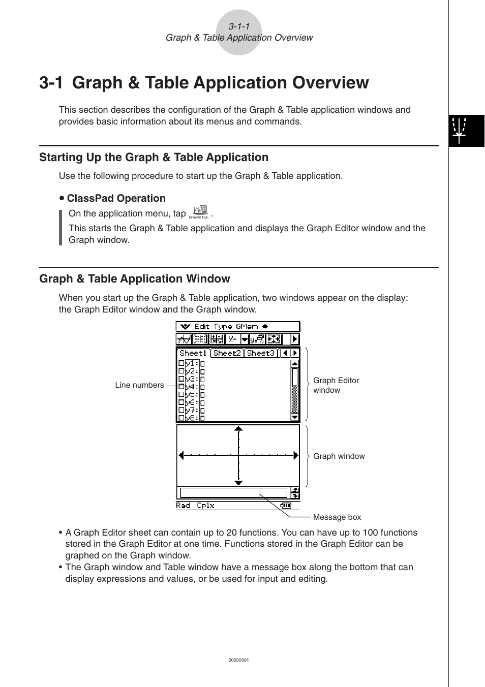 1 graph & table application overview, 1 graph & table application overview -1-1, Graph & table application overview | Starting up the graph & table application, Graph & table application window | Casio ClassPad 300 PLUS User Manual | Page 199 / 753