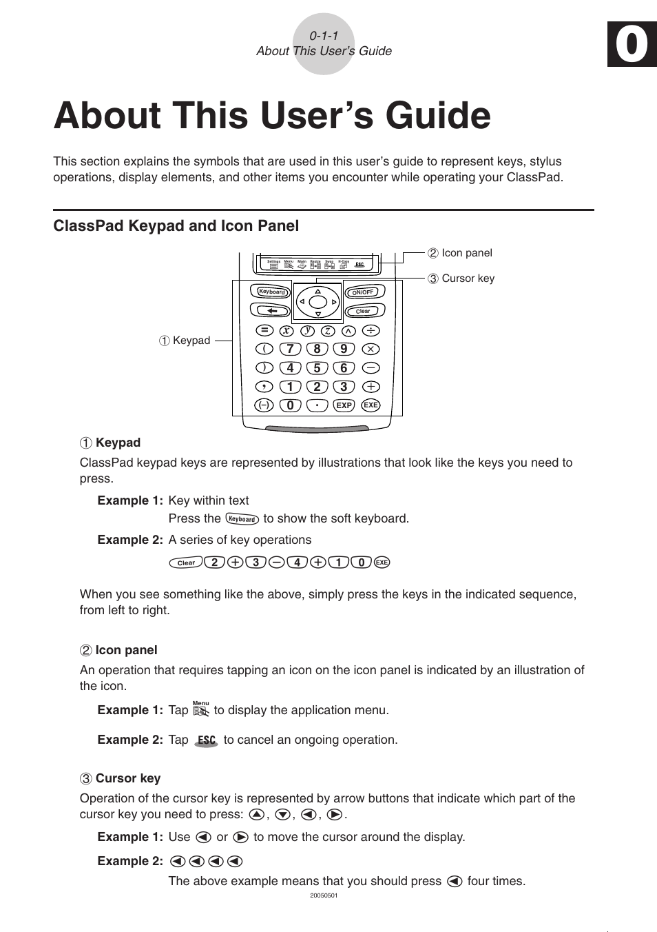 About this user’s guide, Classpad keypad and icon panel, Classpad keypad and icon panel -1-1 | Casio ClassPad 300 PLUS User Manual | Page 24 / 753