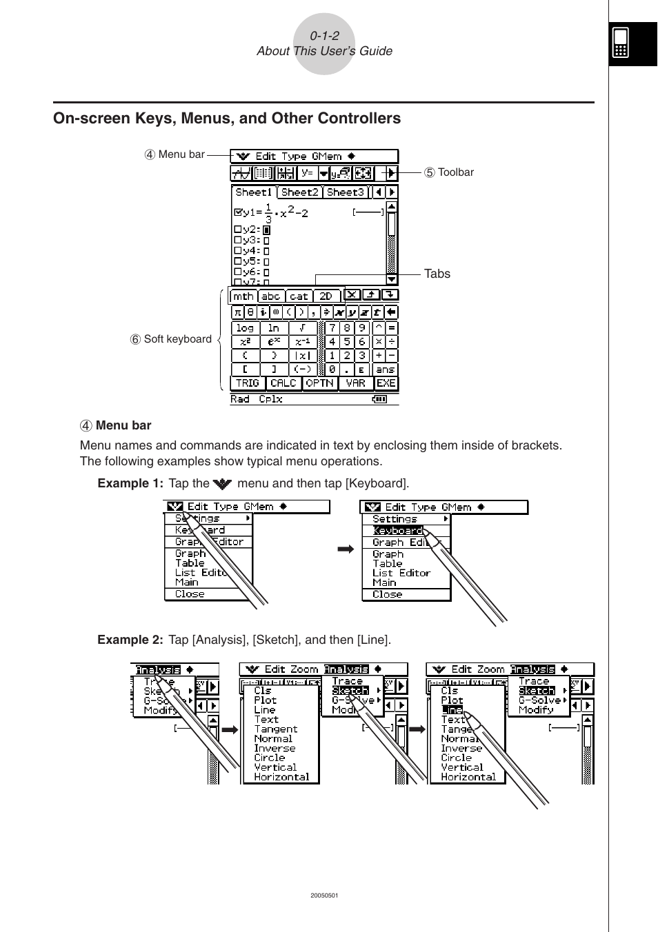 On-screen keys, menus, and other controllers, On-screen keys, menus, and other controllers -1-2 | Casio ClassPad 300 PLUS User Manual | Page 25 / 753