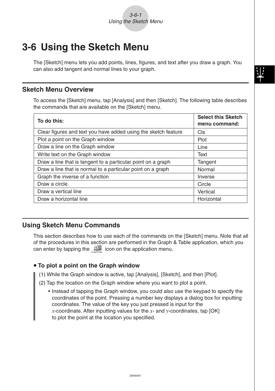 6 using the sketch menu, 6 using the sketch menu -6-1, Using the sketch menu | Sketch menu overview, Using sketch menu commands | Casio ClassPad 300 PLUS User Manual | Page 251 / 753