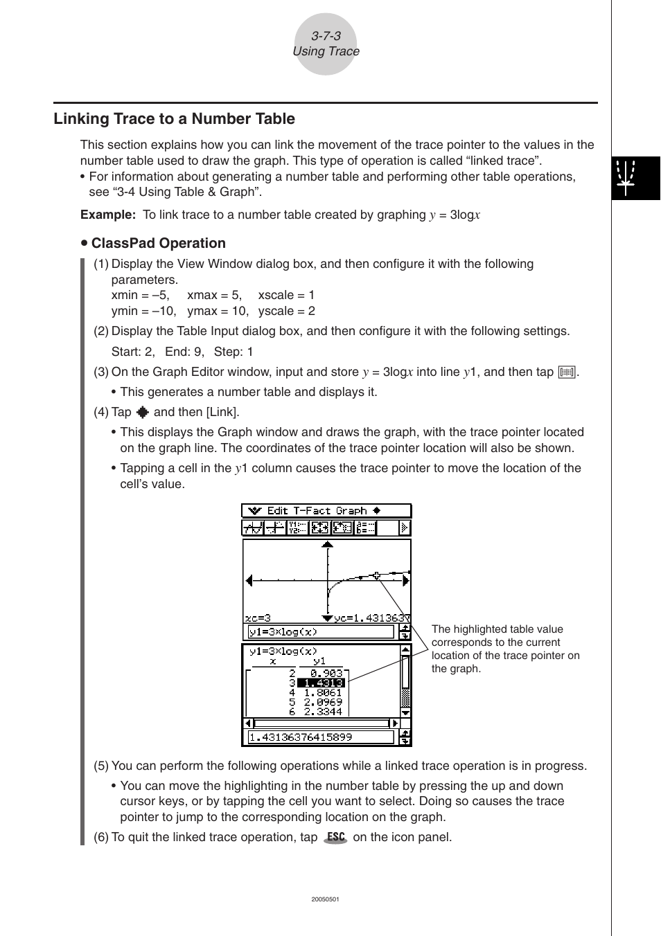 Linking trace to a number table -7-3, Linking trace to a number table | Casio ClassPad 300 PLUS User Manual | Page 258 / 753
