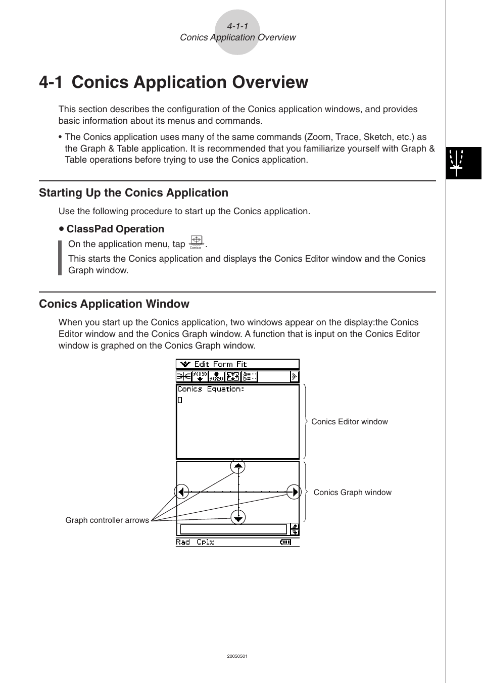 1 conics application overview, 1 conics application overview -1-1, Conics application overview | Conics application window, Starting up the conics application | Casio ClassPad 300 PLUS User Manual | Page 271 / 753