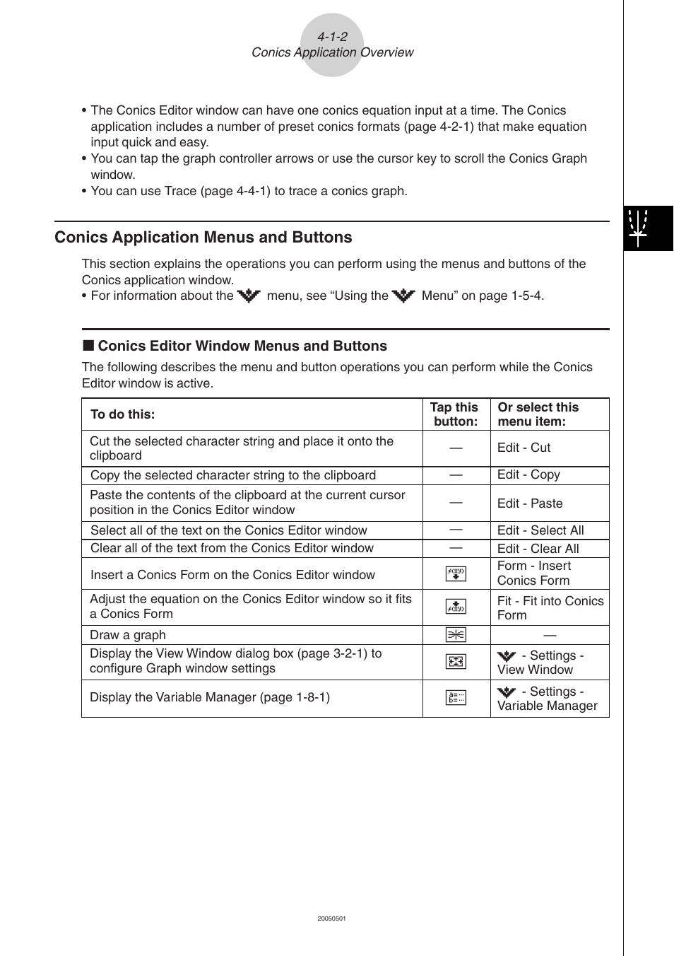 Conics application menus and buttons -1-2, Conics application menus and buttons | Casio ClassPad 300 PLUS User Manual | Page 272 / 753