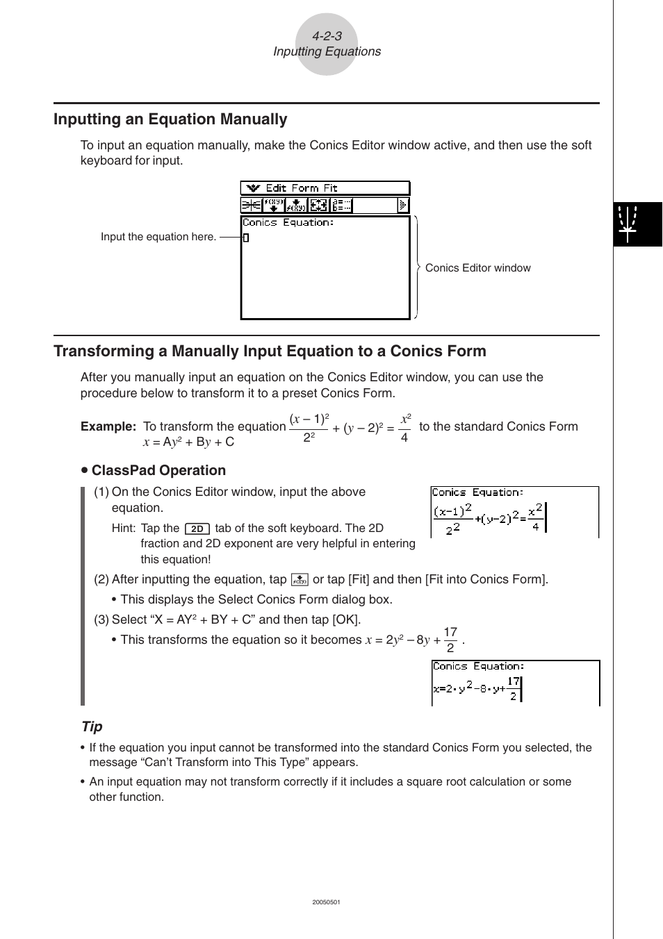 Inputting an equation manually | Casio ClassPad 300 PLUS User Manual | Page 277 / 753