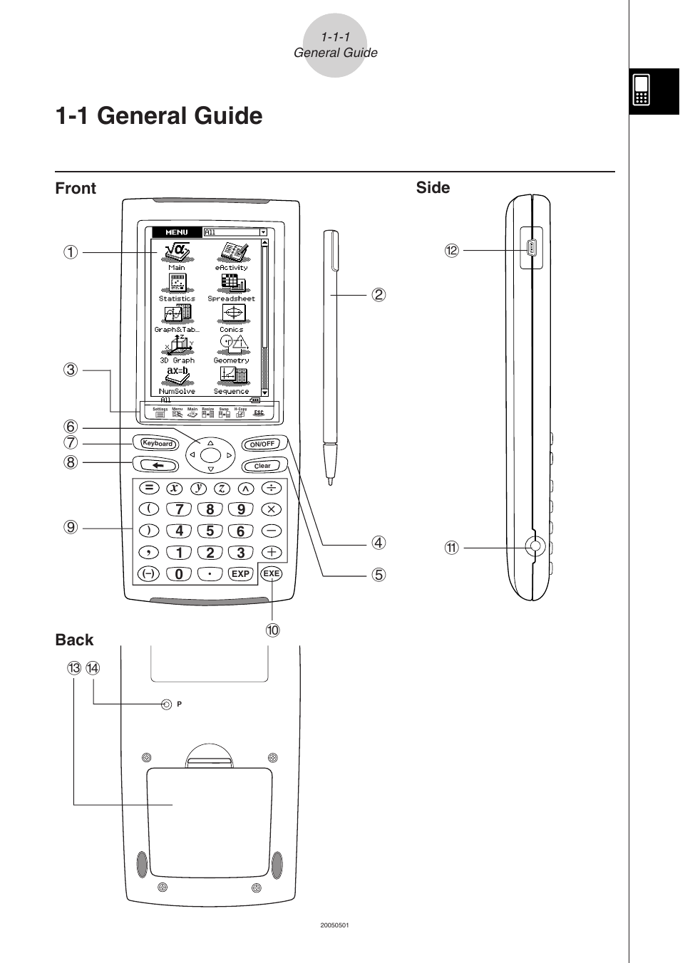 1 general guide, 1 general guide -1-1, General guide | Front, Side back | Casio ClassPad 300 PLUS User Manual | Page 28 / 753