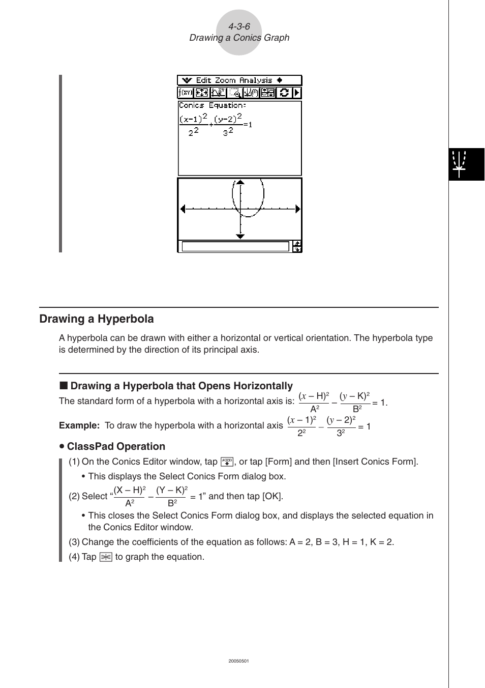 Drawing a hyperbola -3-6, Drawing a hyperbola, K drawing a hyperbola that opens horizontally | U classpad operation | Casio ClassPad 300 PLUS User Manual | Page 283 / 753