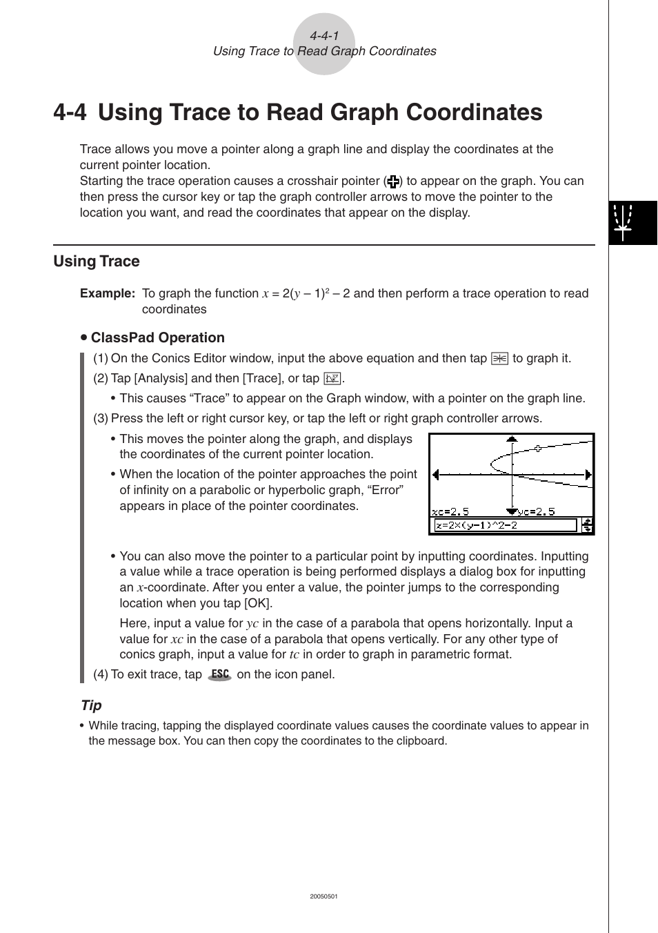 4 using trace to read graph coordinates, 4 using trace to read graph coordinates -4-1, Using trace -4-1 | Using trace to read graph coordinates, Using trace | Casio ClassPad 300 PLUS User Manual | Page 286 / 753