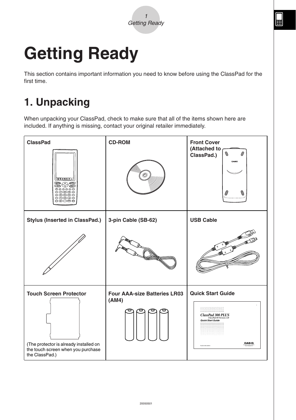 Getting ready, Unpacking, 1getting ready | Quick start guide | Casio ClassPad 300 PLUS User Manual | Page 3 / 753