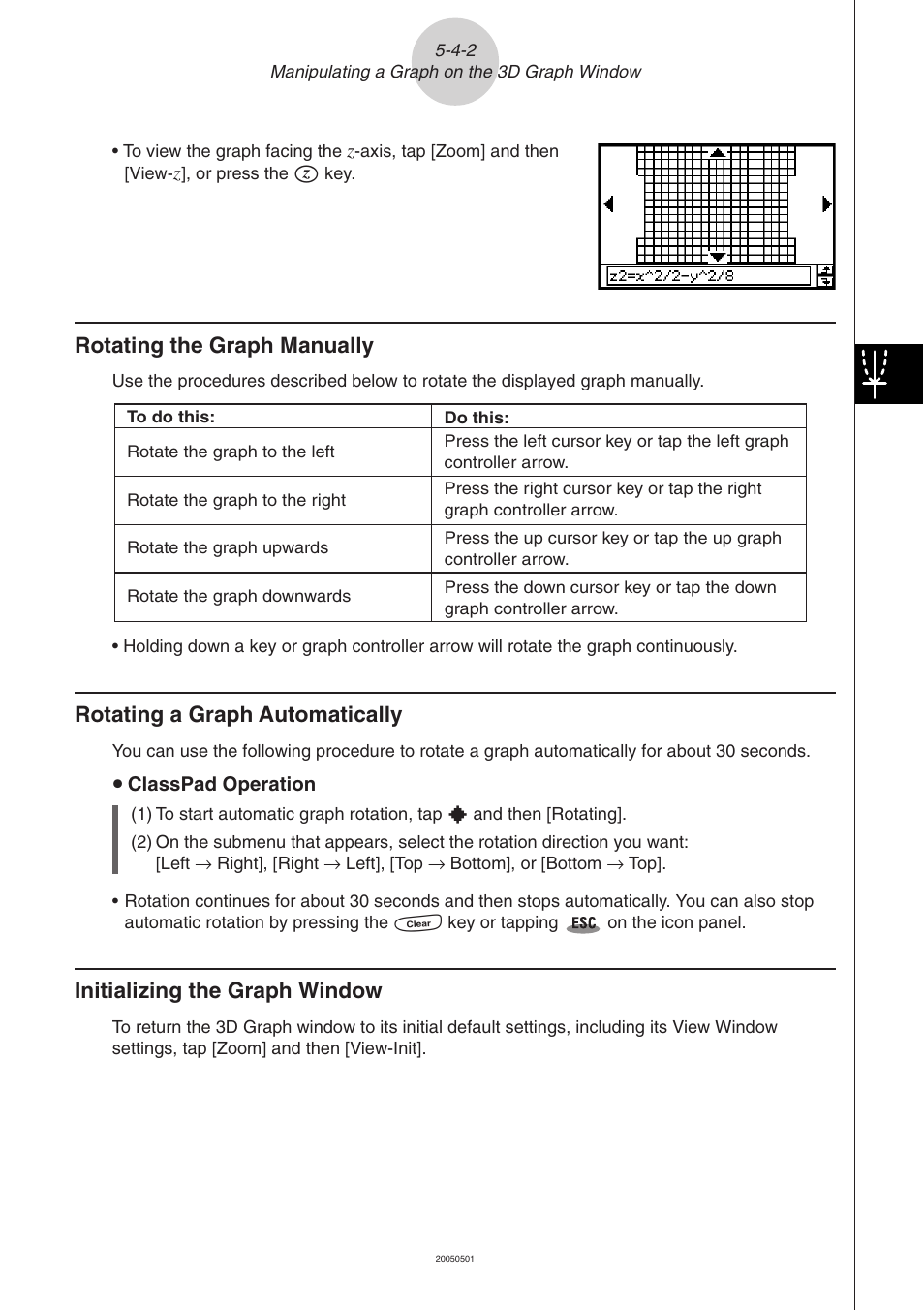 Rotating the graph manually, Rotating a graph automatically, Initializing the graph window | Casio ClassPad 300 PLUS User Manual | Page 304 / 753