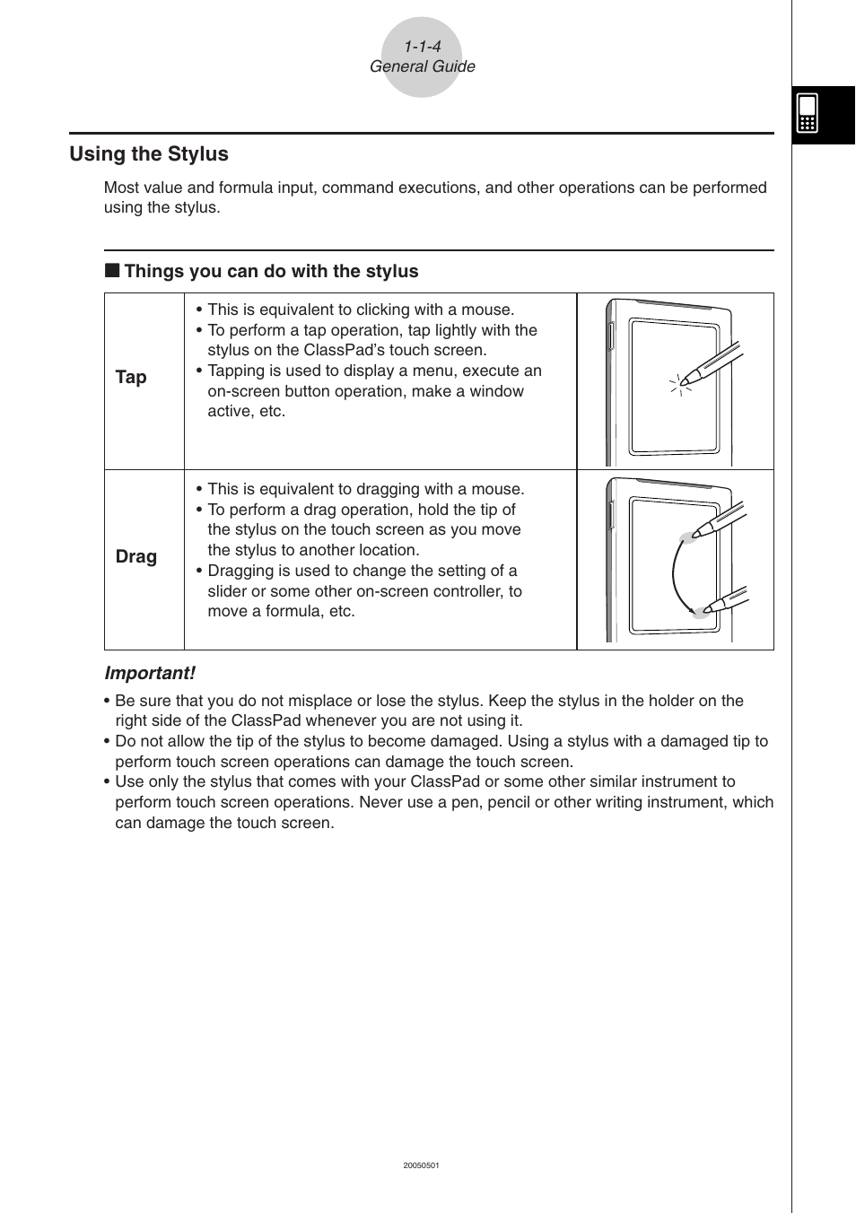 Using the stylus -1-4, Using the stylus | Casio ClassPad 300 PLUS User Manual | Page 31 / 753