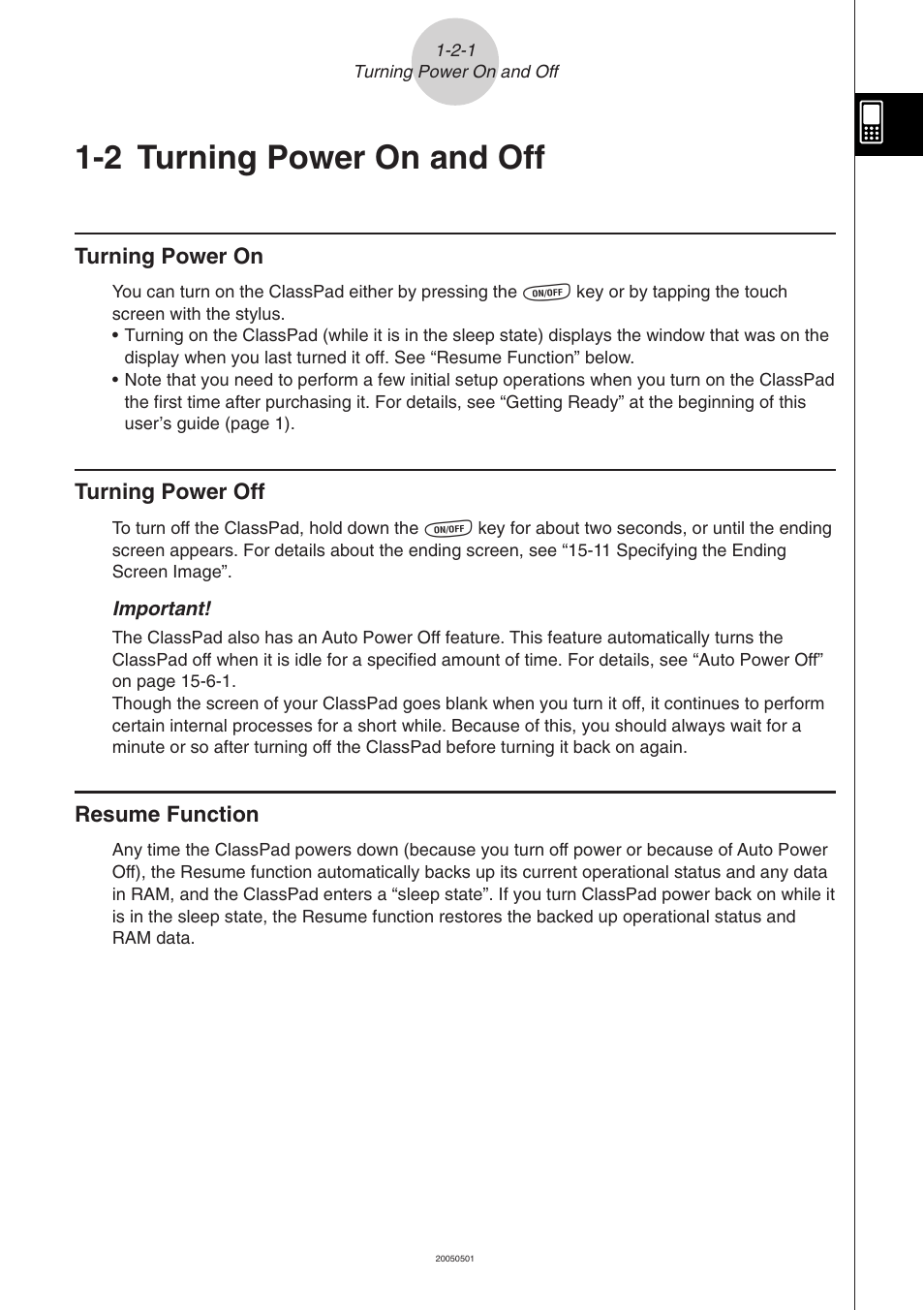 2 turning power on and off, 2 turning power on and off -2-1, Turning power on and off | Casio ClassPad 300 PLUS User Manual | Page 32 / 753