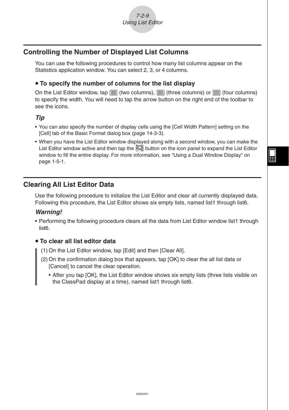 Controlling the number of displayed list columns, Clearing all list editor data | Casio ClassPad 300 PLUS User Manual | Page 335 / 753