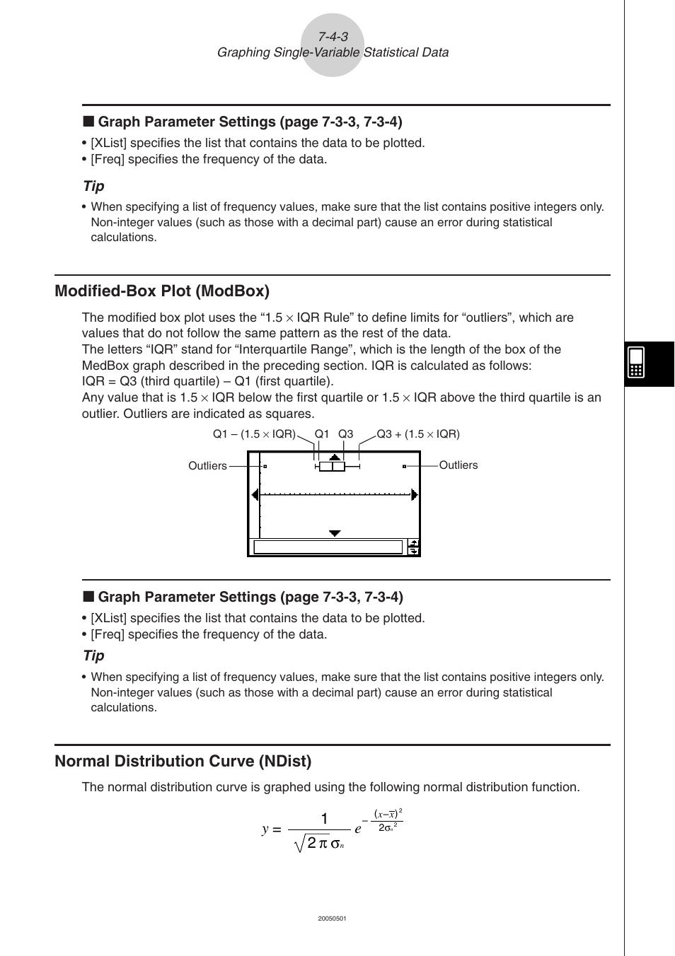 Modified-box plot (modbox), Normal distribution curve (ndist), Y = 1 2 π σ | Casio ClassPad 300 PLUS User Manual | Page 342 / 753