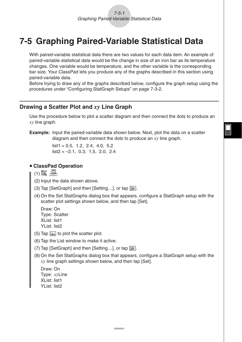 5 graphing paired-variable statistical data, 5 graphing paired-variable statistical data -5-1, Drawing a scatter plot and | Line graph -5-1, Graphing paired-variable statistical data | Casio ClassPad 300 PLUS User Manual | Page 344 / 753