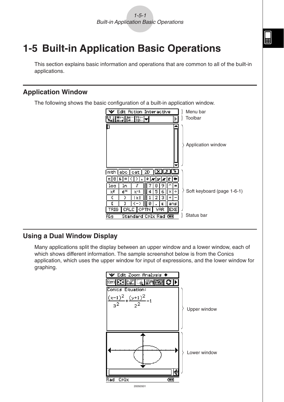 5 built-in application basic operations, 5 built-in application basic operations -5-1, Built-in application basic operations | Application window, Using a dual window display | Casio ClassPad 300 PLUS User Manual | Page 39 / 753