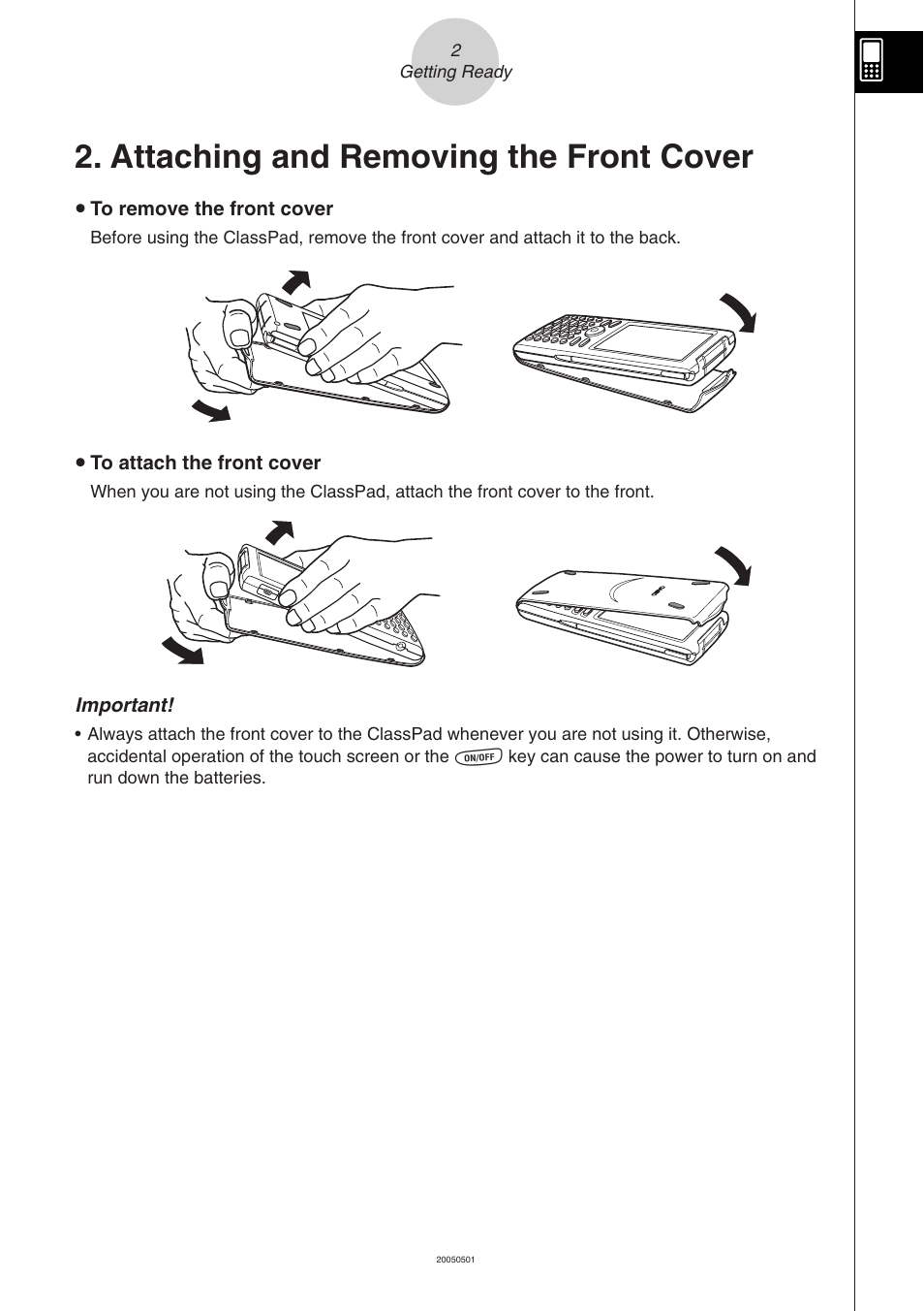 Attaching and removing the front cover | Casio ClassPad 300 PLUS User Manual | Page 4 / 753