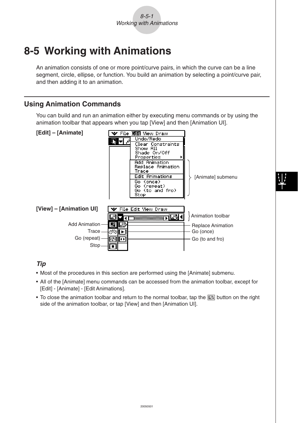 5 working with animations, 5 working with animations -5-1, Using animation commands -5-1 | Working with animations, Using animation commands | Casio ClassPad 300 PLUS User Manual | Page 445 / 753