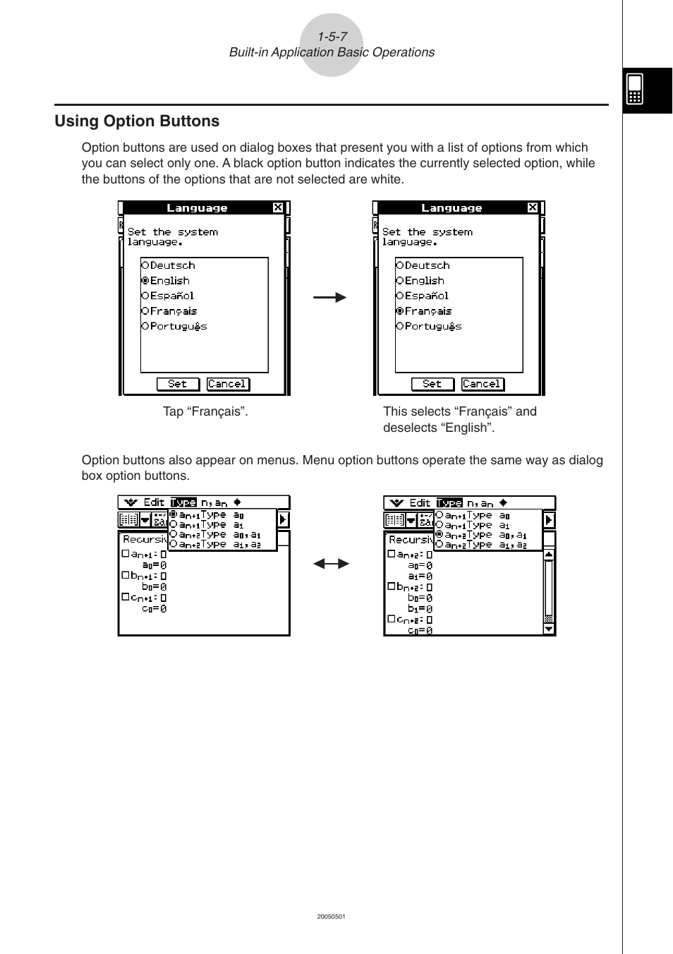 Using option buttons -5-7, Using option buttons | Casio ClassPad 300 PLUS User Manual | Page 45 / 753