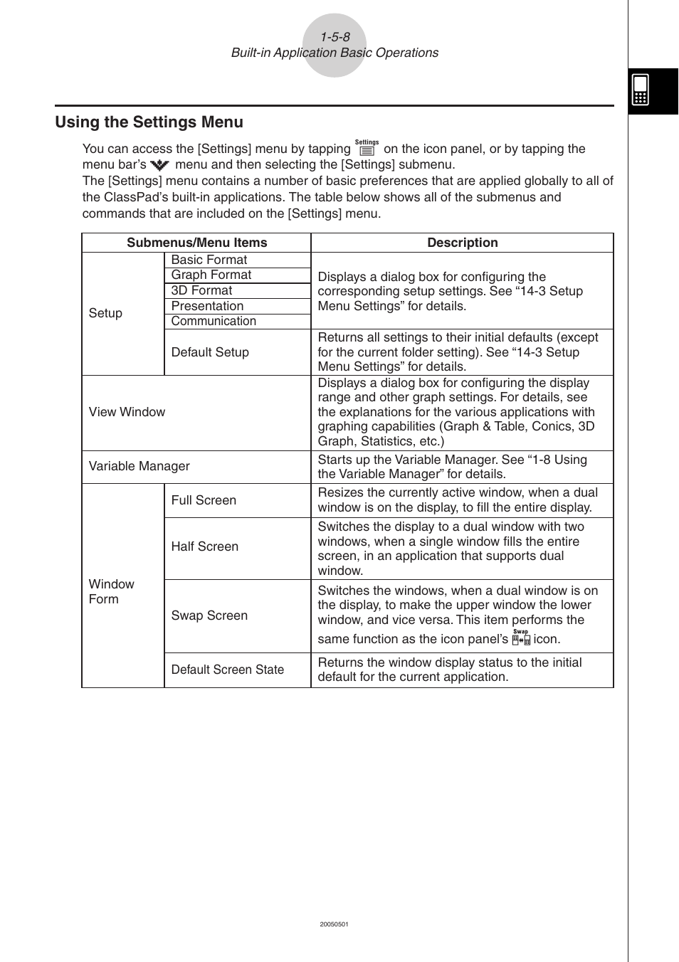 Using the settings menu -5-8, Using the settings menu | Casio ClassPad 300 PLUS User Manual | Page 46 / 753