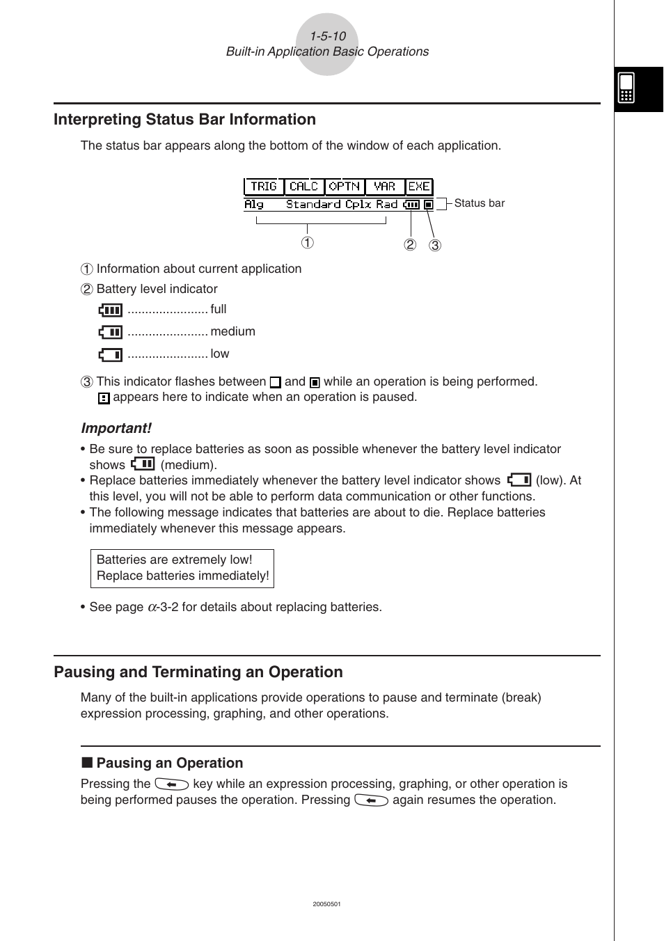 Interpreting status bar information, Pausing and terminating an operation | Casio ClassPad 300 PLUS User Manual | Page 48 / 753