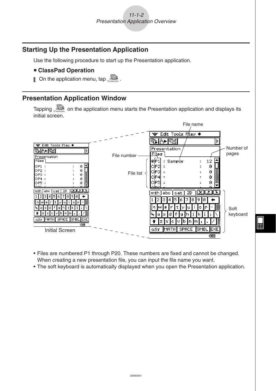 Presentation application window, Starting up the presentation application | Casio ClassPad 300 PLUS User Manual | Page 497 / 753